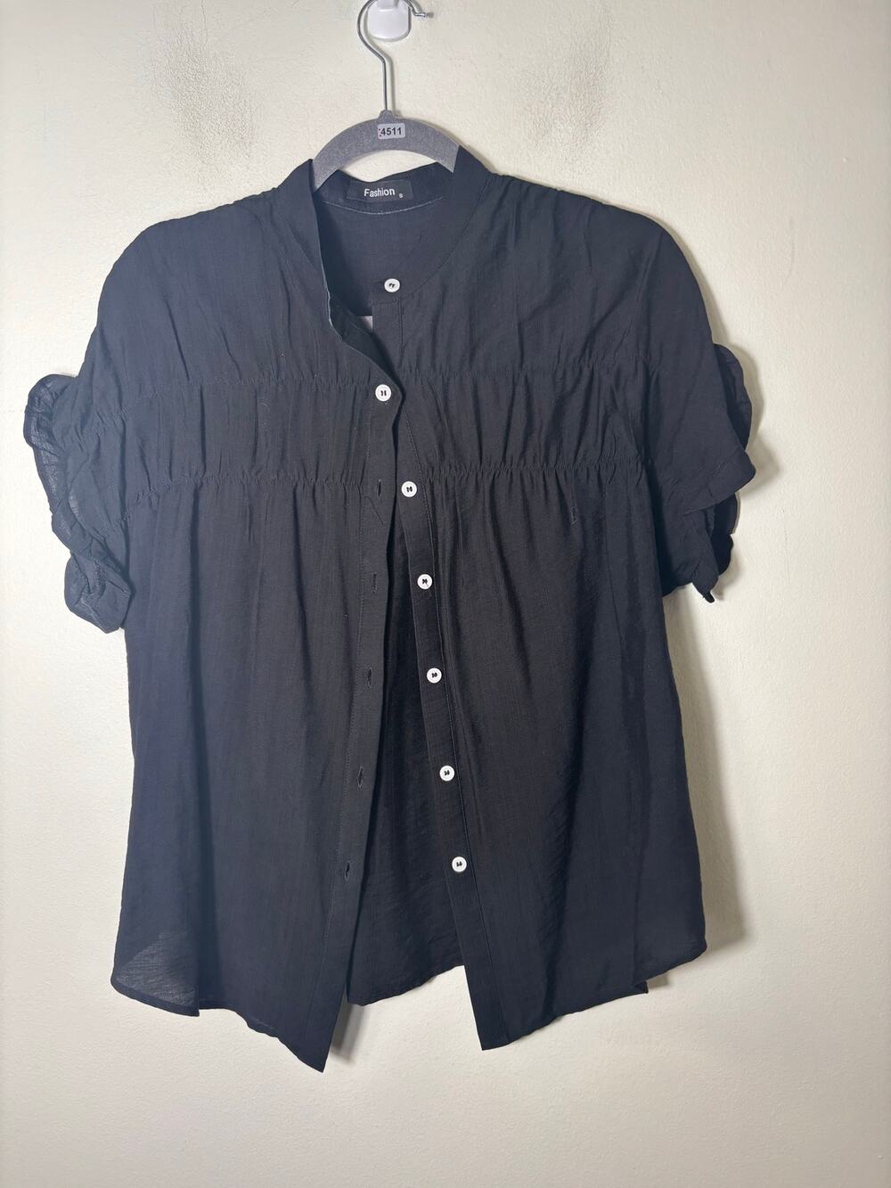 FASHION Black Flutter Sleeve Button Up Shirt Sz S